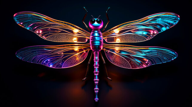 Unreal, fantastic neon glowing dragonfly on black background
