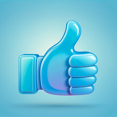 A blue 3D thumb-up, like icon isolated on light blue background. A blue 3D like icon. - obrazy, fototapety, plakaty