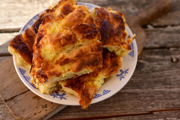 Bakery .Home made  cheese pie  with phyllo pastry and organic eggs. Bulgarian banitsa