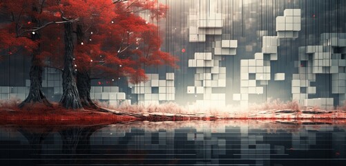 Abstract digital pixel design with an abstract forest scene in red and white on a 3D textured wall, exemplifying abstract digital pixel design