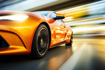 Yellow sport car driving fast, motion blur