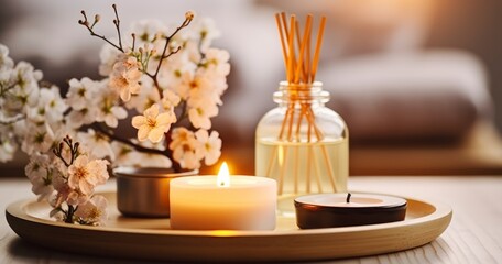 Spring delicious fresh smell. Aroma diffuser, burning candle, cherry blooming flowers and perfume on wooden bamboo tray. Cozy home décor. Generative AI