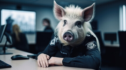 Female police officer with face of domestic pig in office