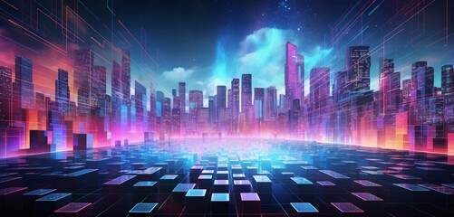 Abstract digital pixel design in a futuristic cityscape in neon colors on a 3D wall, representing abstract digital pixel design