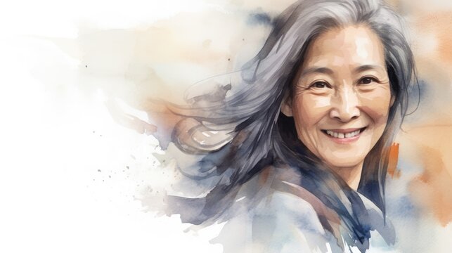 watercolor portrait of cheerful elder woman,isolated on white background