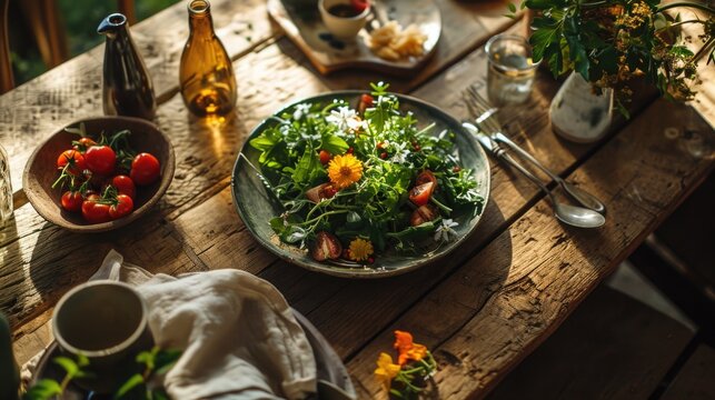 Organic Salad With Edible Flowers, Overhead Shot, Aged Oak Dining Table, Modern Rustic Cottagecore Aesthetic