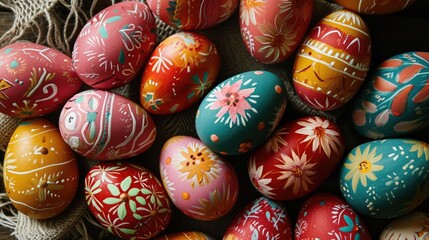 Fototapeta premium group of painted colorful eggs, seasonal Easter decoration, holiday celebration concept
