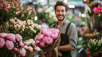 handsome florist holding peony bouquet in flower shop - Powered by Adobe
