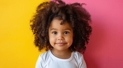 portrait afro american girl toddler with curly hair, white long sleeve t shirt on pink and yellow background