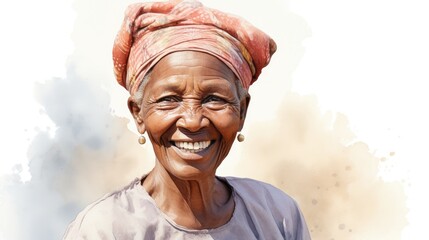 watercolor portrait of cheerful elder woman,isolated on white background