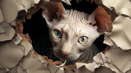 A close up of a hairless cat looking out of a hole