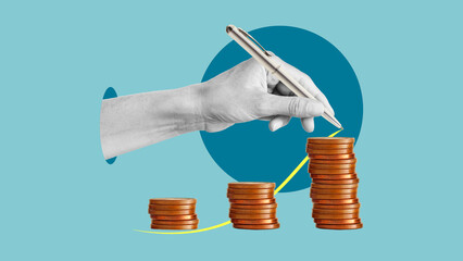 Increase Score. Boost your income and grow your business. Increase your earnings. Collage with the hand and coins