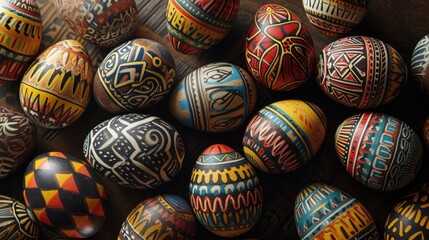 Fototapeta na wymiar group of painted colorful eggs, seasonal Easter decoration, holiday celebration concept