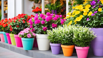 Colorful flower pots with flowers in shop