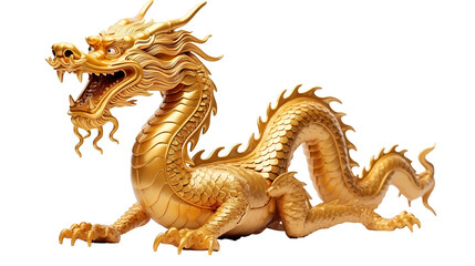 Chinese dragon statue made of gold on transparent background PNG