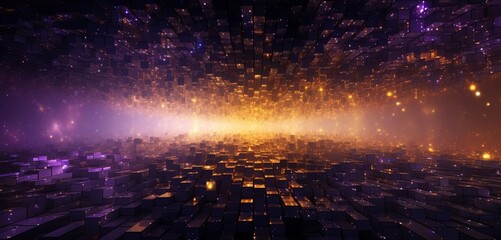 Abstract digital pixel design of a cosmic nebula in purple and gold on a 3D wall, highlighting abstract digital pixel design