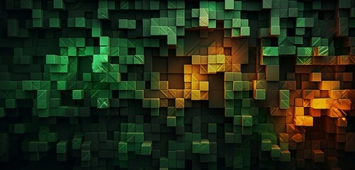 Abstract digital pixel design in a lattice of leaves pattern in green and brown on a 3D wall, capturing abstract digital pixel design