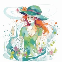 Beautiful young woman in hat with flowers and water drops. Watercolor illustration.