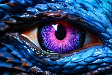 Eye of a dragon close-up. Blue eye of a dragon.