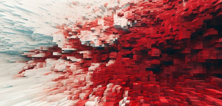 Abstract digital pixel design of an underwater coral reef in red and white on a 3D wall texture, capturing abstract digital pixel design