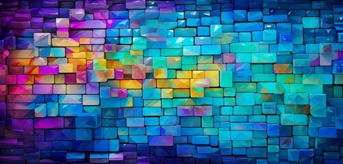 Abstract digital pixel design with a stained glass effect in multicolors on a 3D wall texture, typifying abstract digital pixel design