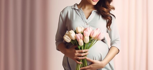 Young woman in maternity shirt dress with tulips flowers holds hands on belly. Generative AI