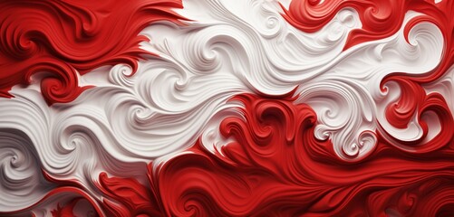 Abstract digital pixel design with a baroque scrollwork in red and white on a 3D textured wall, depicting abstract digital pixel design