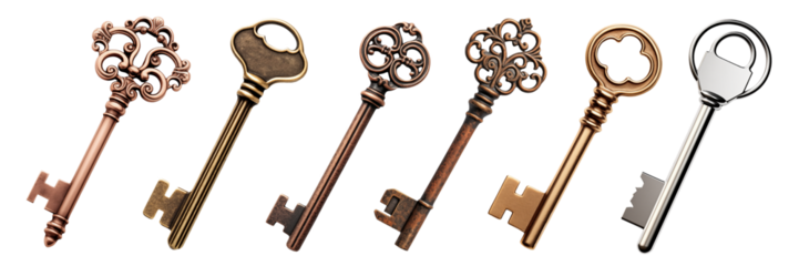 An set of different keys made of copper and rusty is cut out on a transparent background close-up. Keys for opening the different front doors of the house. To be inserted into a design or project.