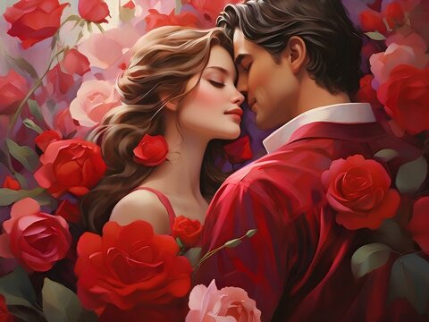 Valentine's Day, a heartwarming celebration of love and affection. This vibrant image captures the essence of the day in a beautiful painting, showcasing a couple immersed in a tender embrace.