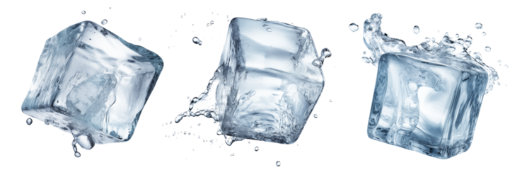 Set of different ice cubes cut out on a transparent background. A set of melting ice cubes decomposes in different directions. Seasoning concept for different drinks.