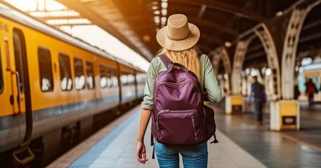 Fototapeta na wymiar The Adventure of a Solo Female Traveler Using Environmentally Friendly Train Transport. Generative AI
