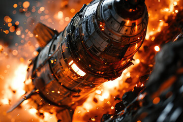 Fototapeta na wymiar A fiery spaceship soaring through space, depicted in a stunning high-resolution digital art.