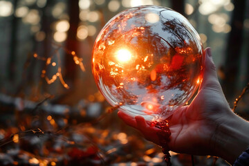 Hand holding a transparent crystal ball against a sunset backdrop in the forest, reflecting the warm orange light and trees. - obrazy, fototapety, plakaty