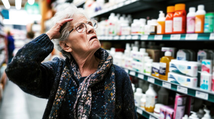 Old lady concerned with high food prices and inflation in pharmacy - obrazy, fototapety, plakaty