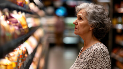 Old lady concerned with high food prices and inflation