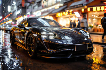 A sleek black luxury sports car parked on a wet city street at night, surrounded by glowing city...