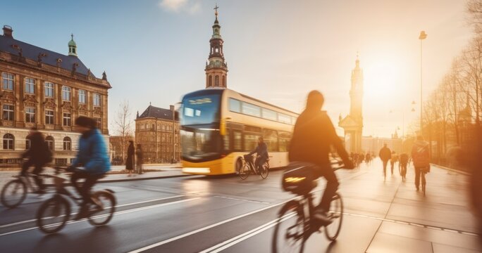 The Blurred Bustle of City Life as More People Choose Bicycles for Daily Commutes. Generative AI