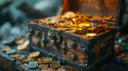 Old wooden chest full of glowing golden coins, dream of being rich
