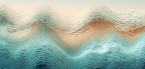 Abstract digital pixel design in a ripple effect in aquamarine and sand colors on a 3D wall, reflecting abstract digital pixel design