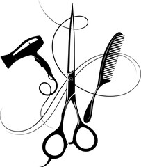 Hairdryer comb scissors and curl of curled hair. Sign for beauty salon and hairdresser - obrazy, fototapety, plakaty