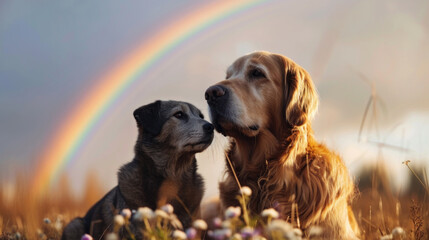 Two dogs and rainbow - concept of pets passing away