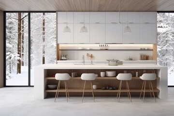 Modern Kitchen Interior Design with Winter Landscape View