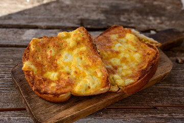 French toast  and white cheese. Rustic breakfast  made from deep fried   bread   with organic free range   eggs
