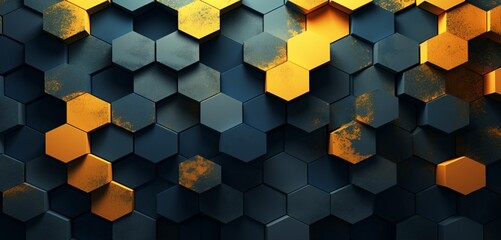 Abstract digital pixel design in a honeycomb pattern in yellow and navy on a 3D textured wall, embodying abstract digital pixel design