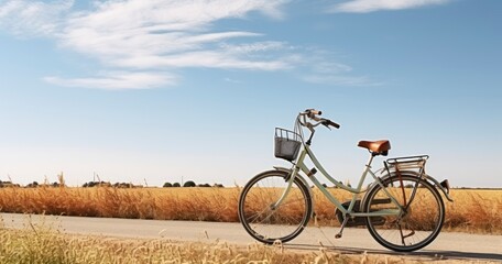 Fototapeta premium The Idyllic Blend of a Parked Bicycle and a Rice Field Bathed in Sunshine. Generative AI