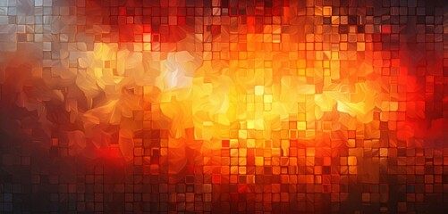 Abstract digital pixel design with a roaring fire motif in red and yellow on a 3D wall texture, embodying abstract digital pixel design