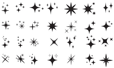 Minimalist twinkle star shape symbols. Shining star icons, abstract sparkle black silhouettes. Modern geometric elements, shining star icon set. Set of twinkling star vector.   - obrazy, fototapety, plakaty