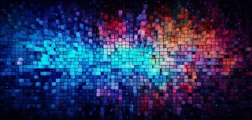 Abstract digital pixel design with a galaxy theme in deep space colors on a 3D wall texture, focusing on abstract digital pixel design