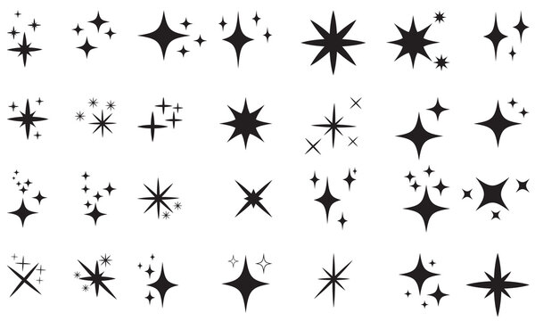 Minimalist twinkle star shape symbols. Shining star icons, abstract sparkle black silhouettes. Modern geometric elements, shining star icon set. Set of twinkling star vector.  