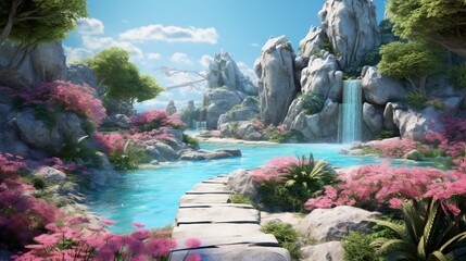 A tranquil Larimar garden with the gemstone incorporated into the landscape, creating a serene and picturesque scene. 4K, high detailed, full ultra HD, High resolution 8K